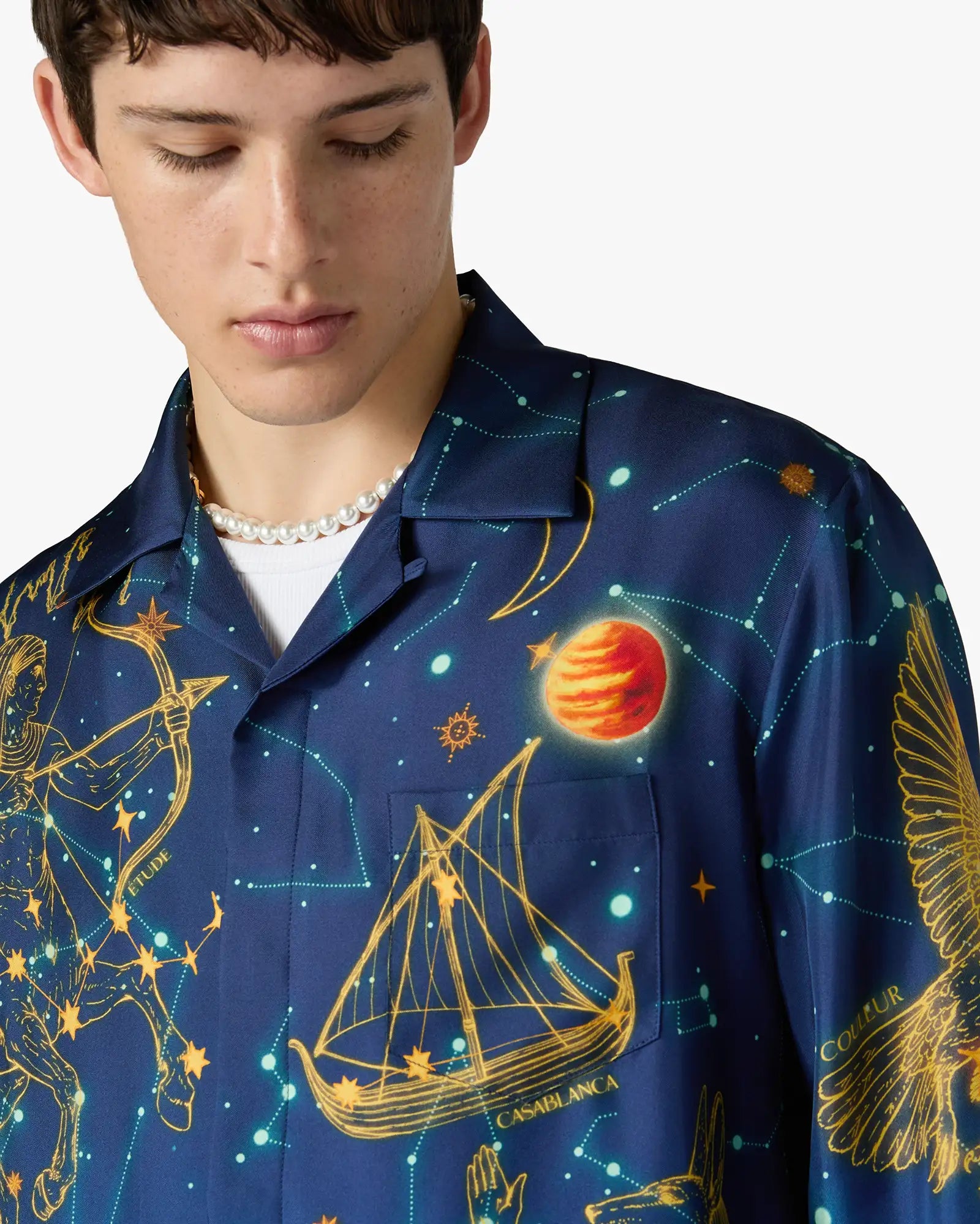 Blue Astrology Long Sleeve Silk Shirt