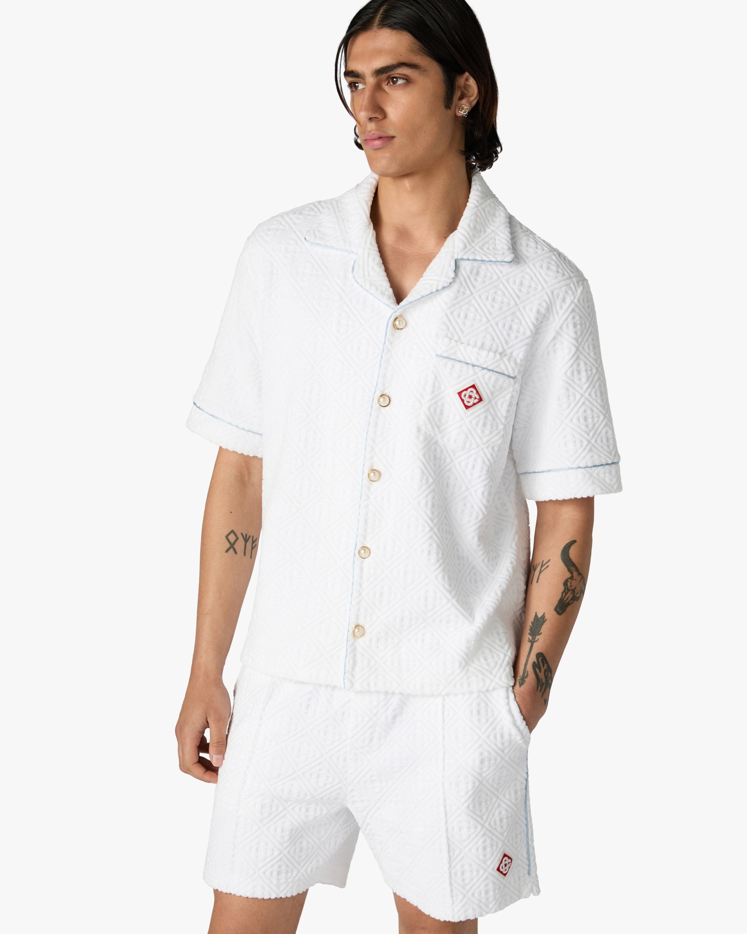 White Towelling Monogram Short Sleeve Shirt