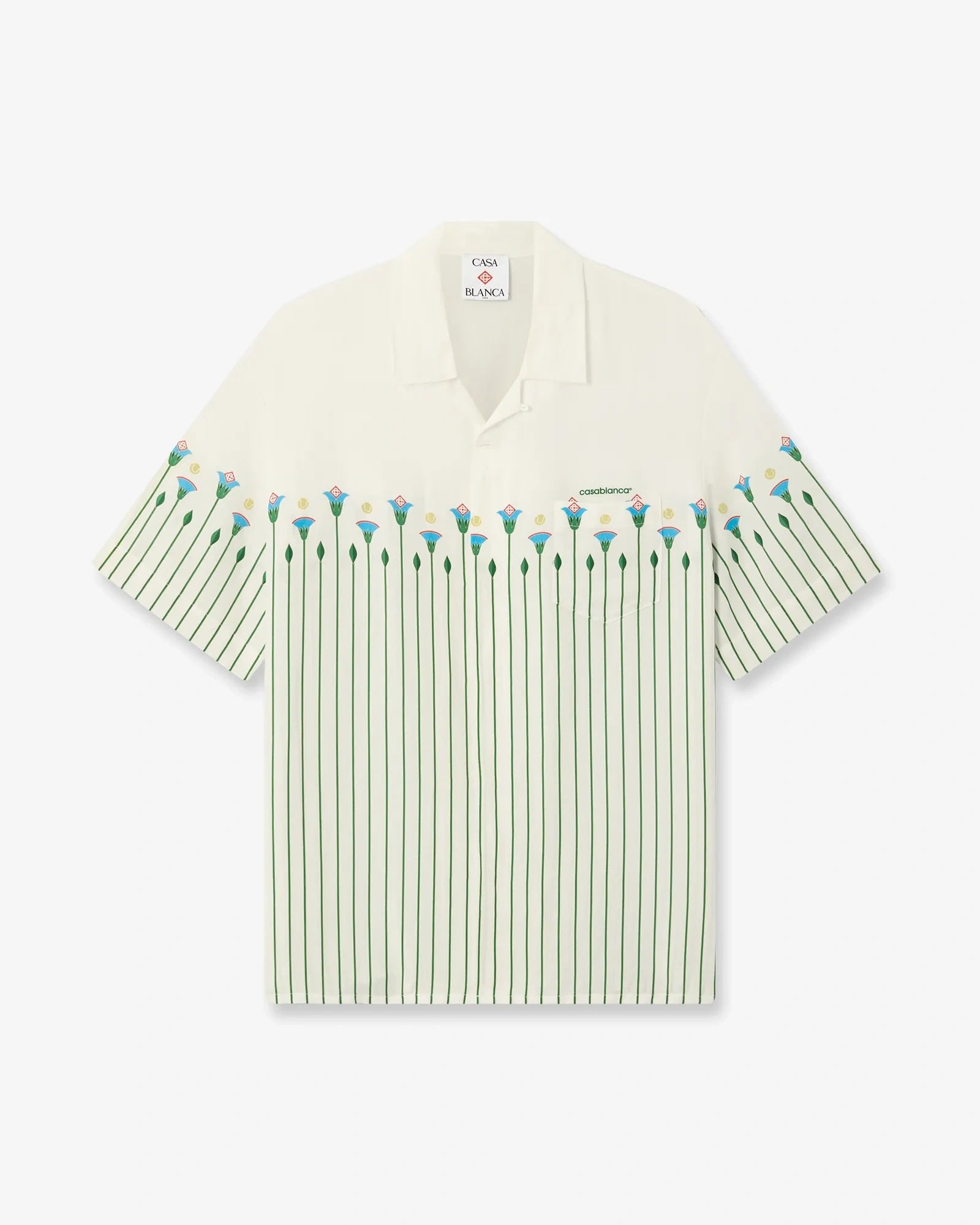 Green Linen Floral Stripe Sporty Short Sleeve Shirt