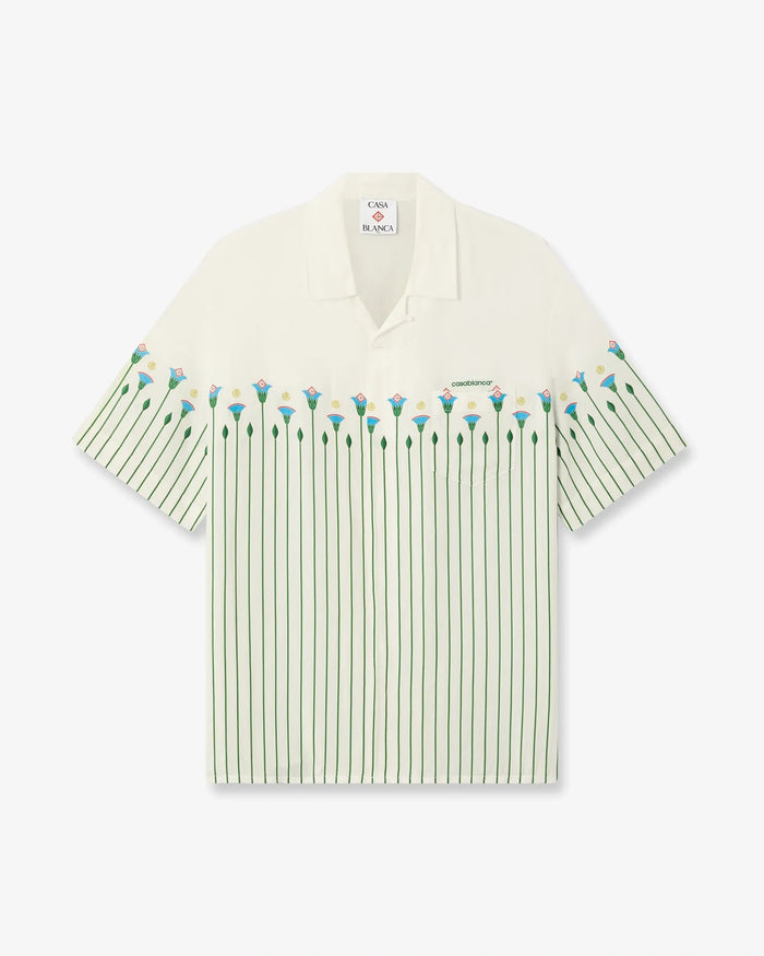 Green Linen Floral Stripe Sporty Short Sleeve Shirt