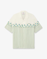 Green Linen Floral Stripe Sporty Short Sleeve Shirt