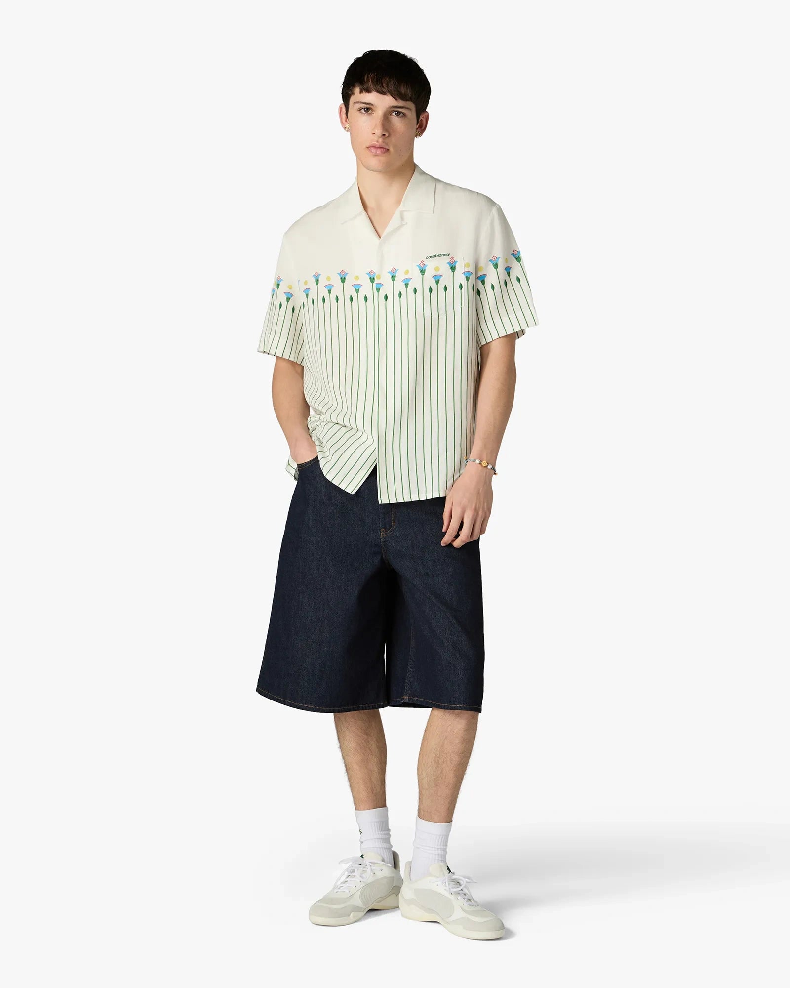 Green Linen Floral Stripe Sporty Short Sleeve Shirt
