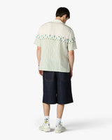 Green Linen Floral Stripe Sporty Short Sleeve Shirt
