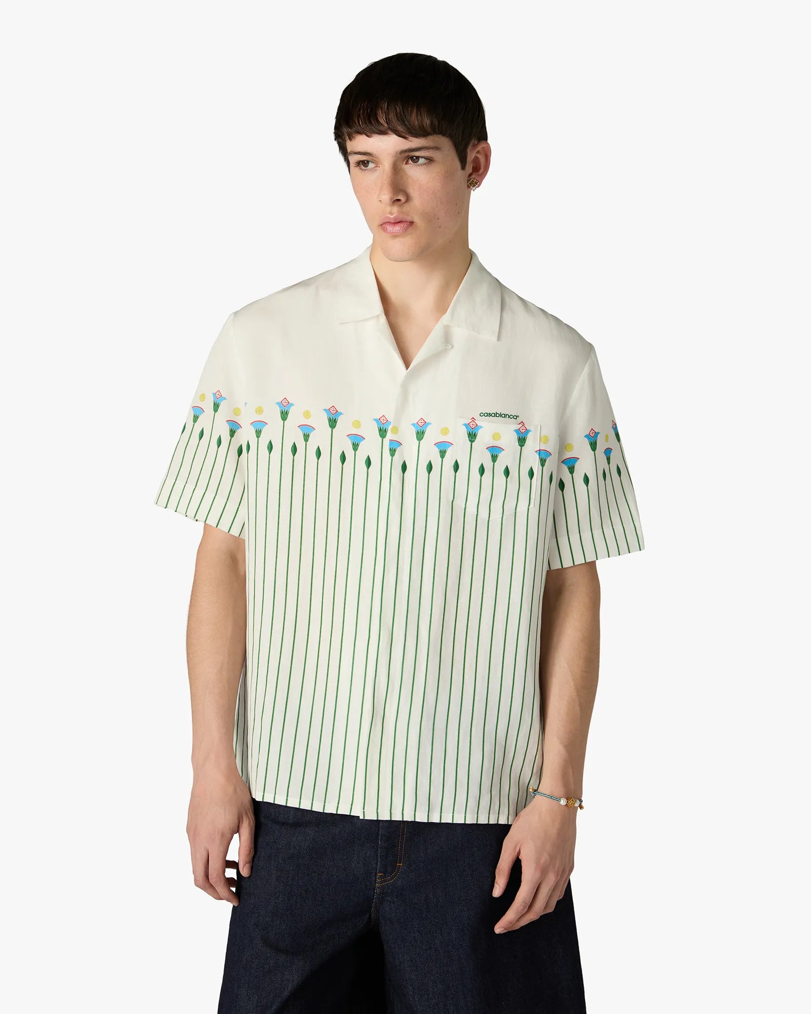 Green Linen Floral Stripe Sporty Short Sleeve Shirt
