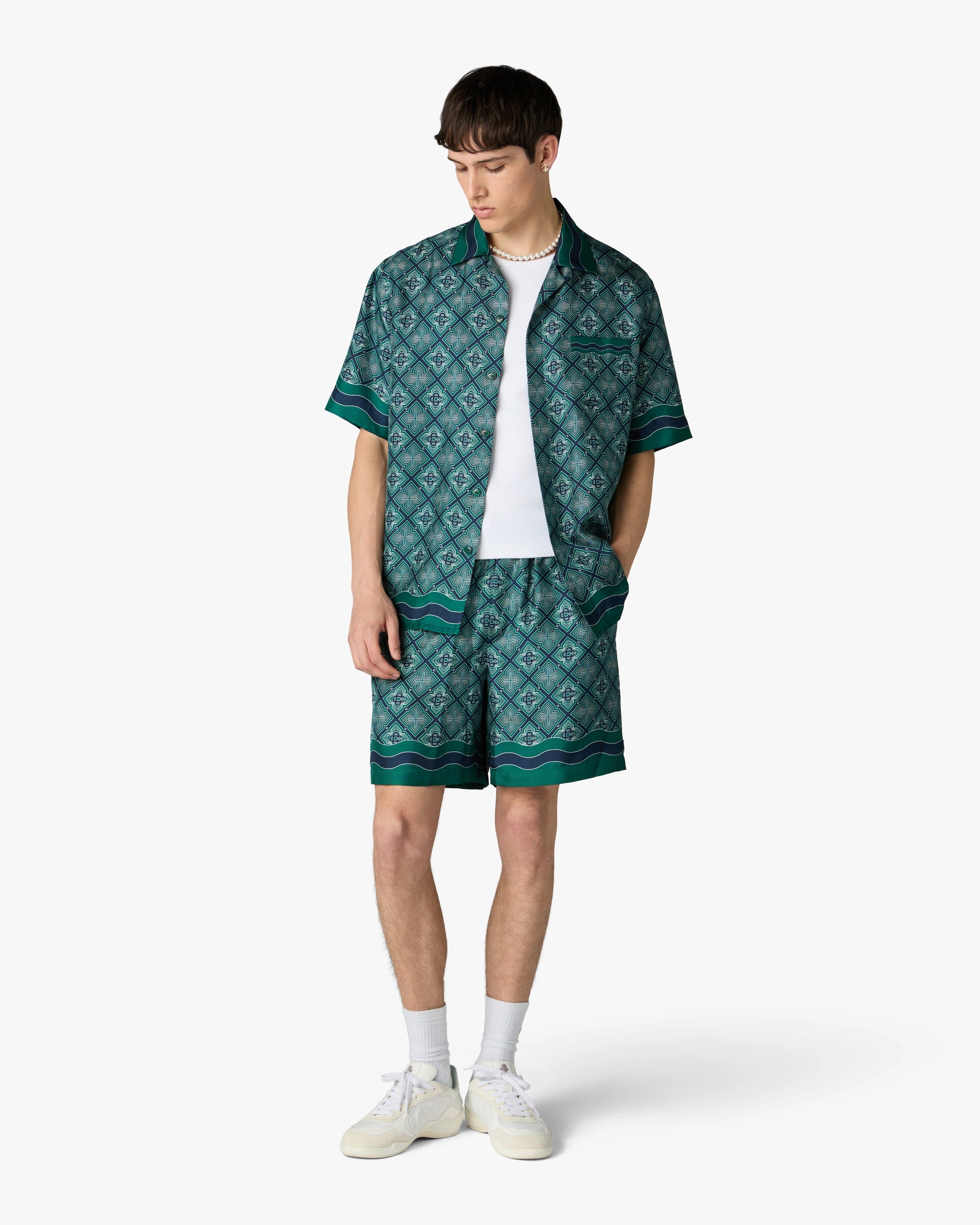 Dark Green Radiating Monogram Silk Shorts