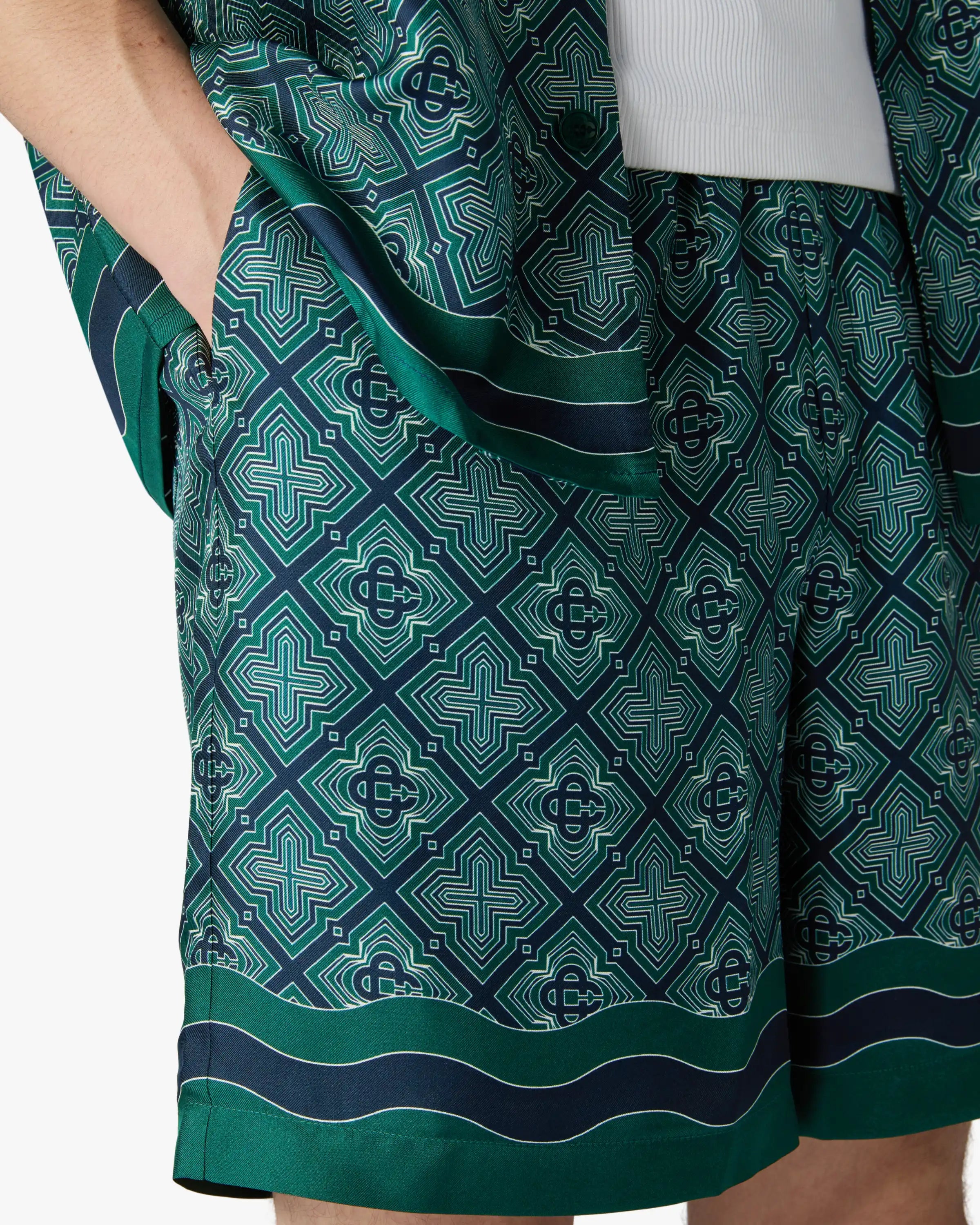 Dark Green Radiating Monogram Silk Shorts
