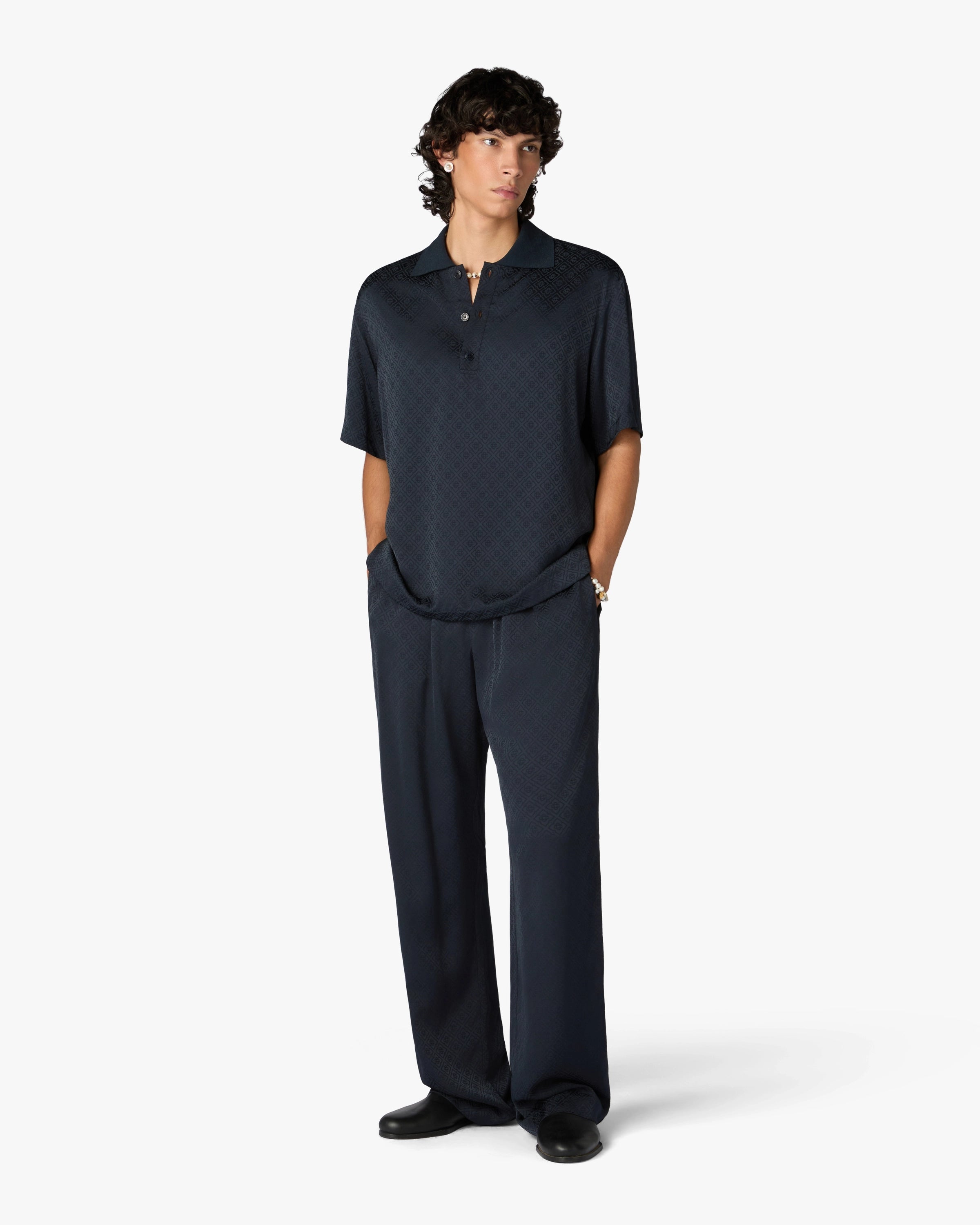 Dark Navy Monogram Silk Trousers