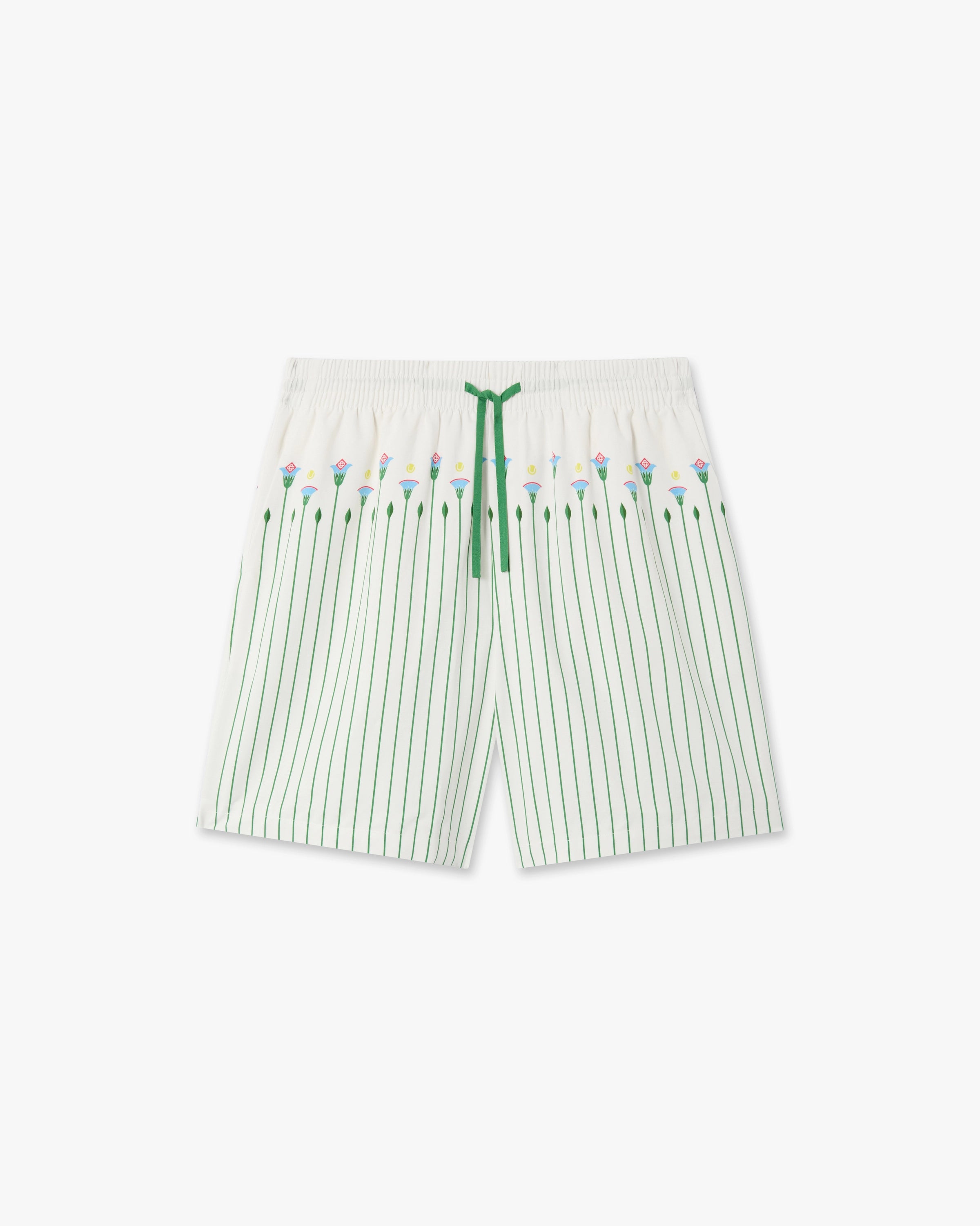 Green Floral Stripe Sporty Linen Shorts