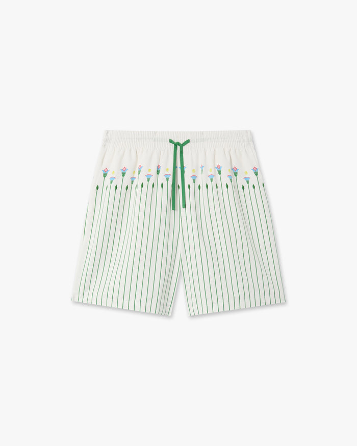 Green Floral Stripe Sporty Linen Shorts