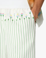 Short sportif vert en lin à rayures et à fleurs