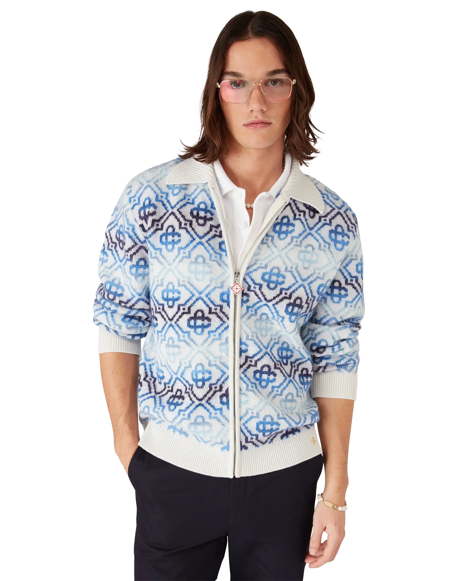 Space Dye Monogram Long Sleeve Merino Cardigan