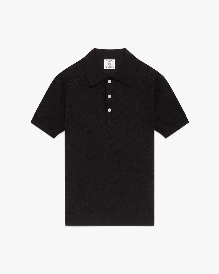 Black Pointelle Monogram Short Sleeve Polo Shirt