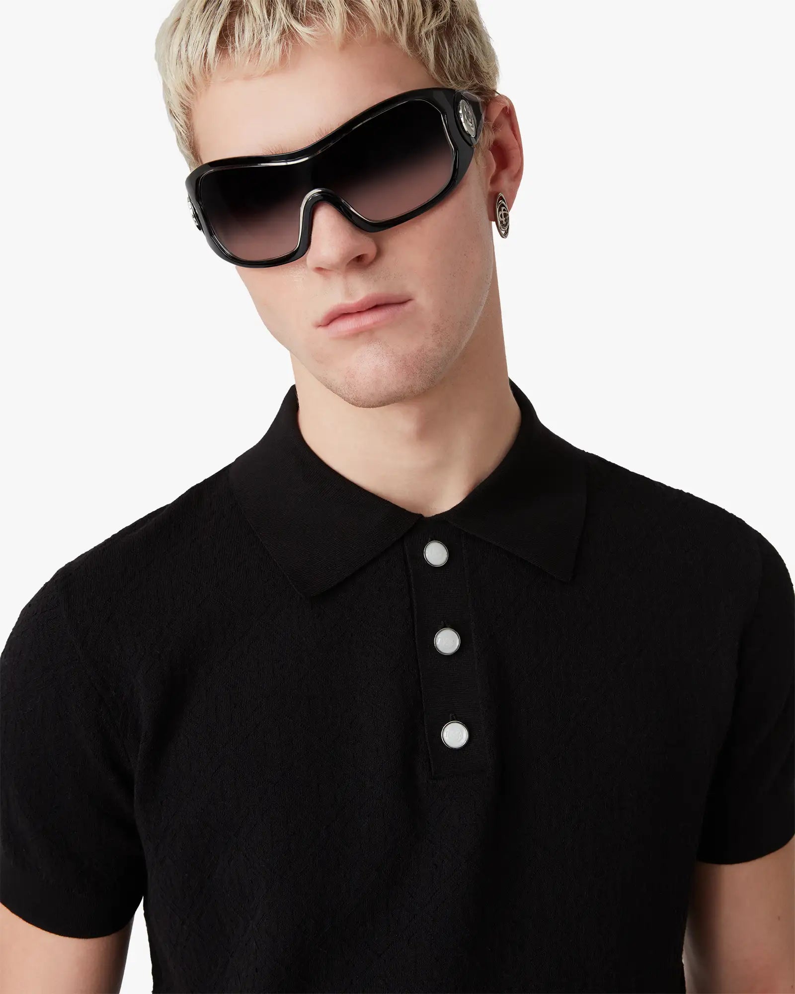 Black Pointelle Monogram Short Sleeve Polo Shirt