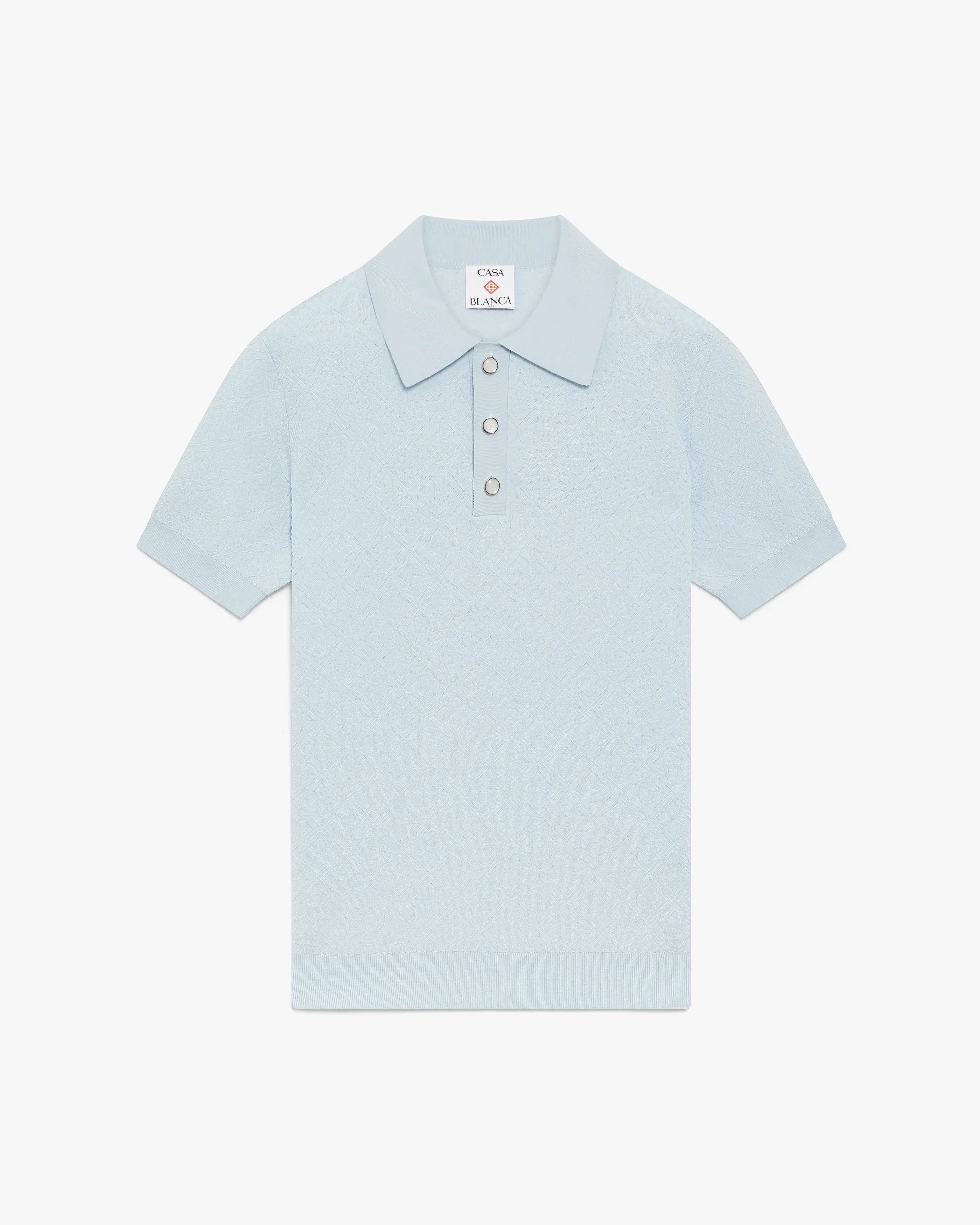 Blue Pointelle Monogram Short Sleeve Polo Shirt