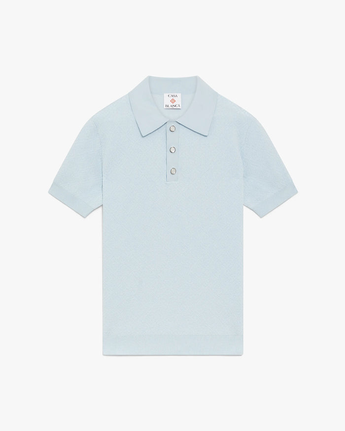 Blue Pointelle Monogram Short Sleeve Polo Shirt