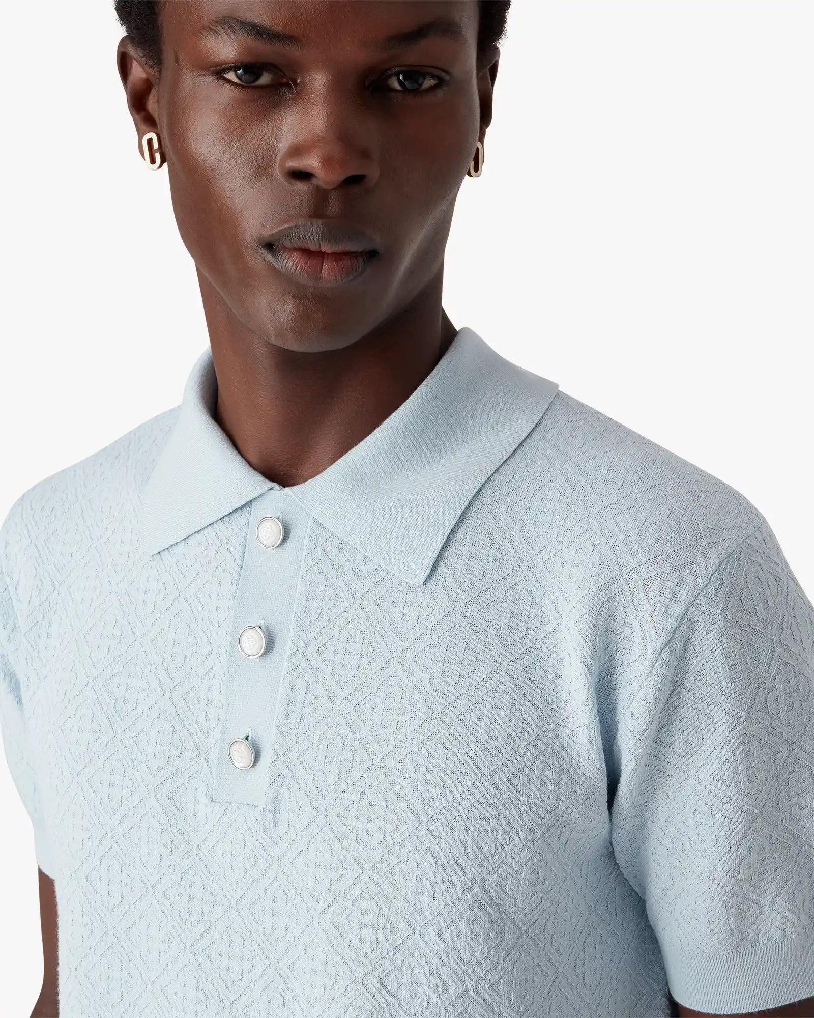 Blue Pointelle Monogram Short Sleeve Polo Shirt