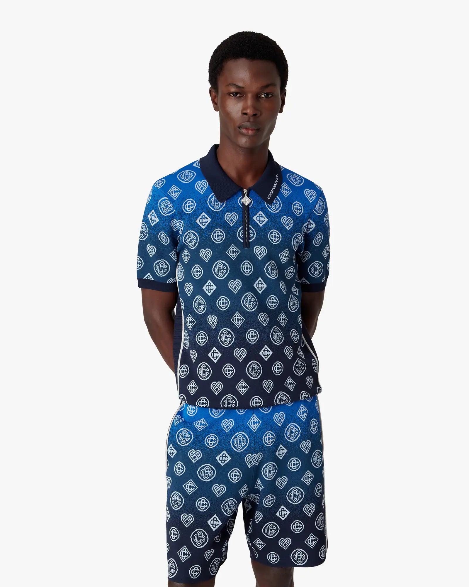 Navy Gradient Monogram Knitted Short Sleeve Polo Shirt