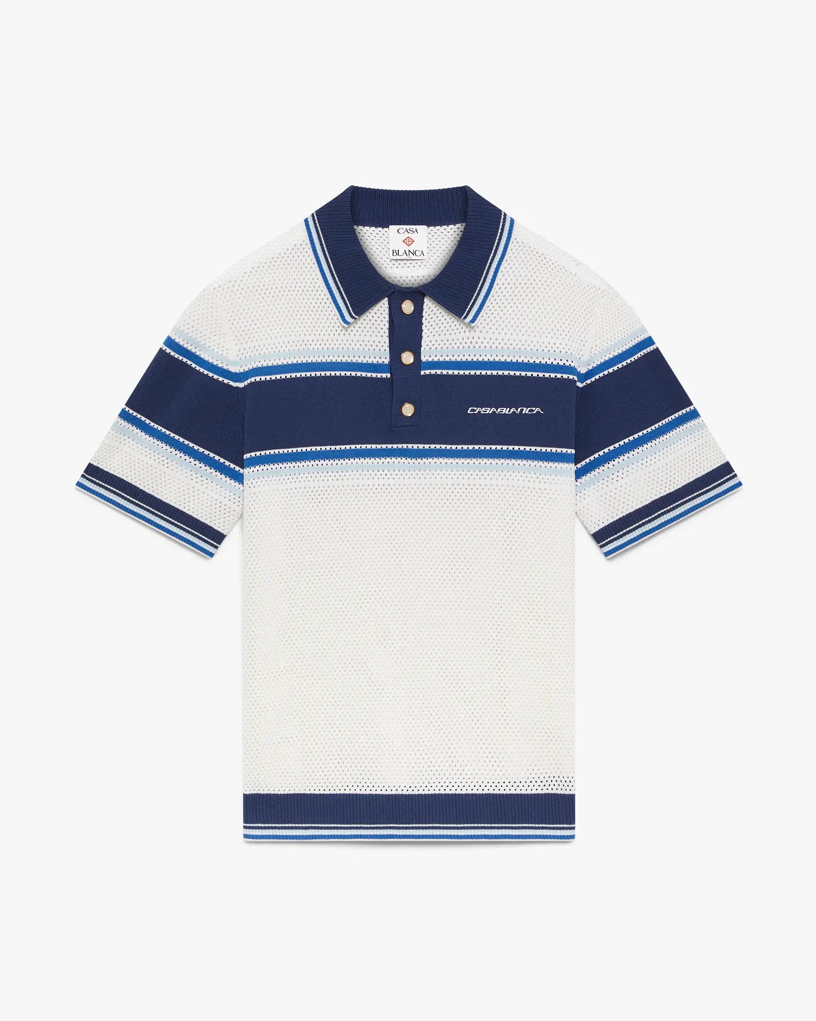 White & Blue Striped Mesh Short Sleeve Polo Shirt