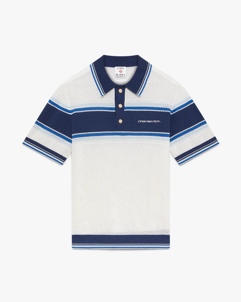 White & Blue Striped Mesh Short Sleeve Polo Shirt | Casablanca Paris