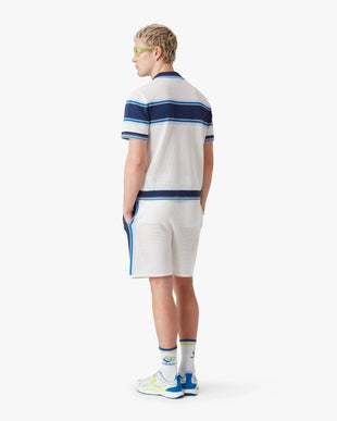 White & Blue Striped Mesh Short Sleeve Polo Shirt
