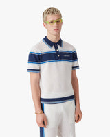 White & Blue Striped Mesh Short Sleeve Polo Shirt