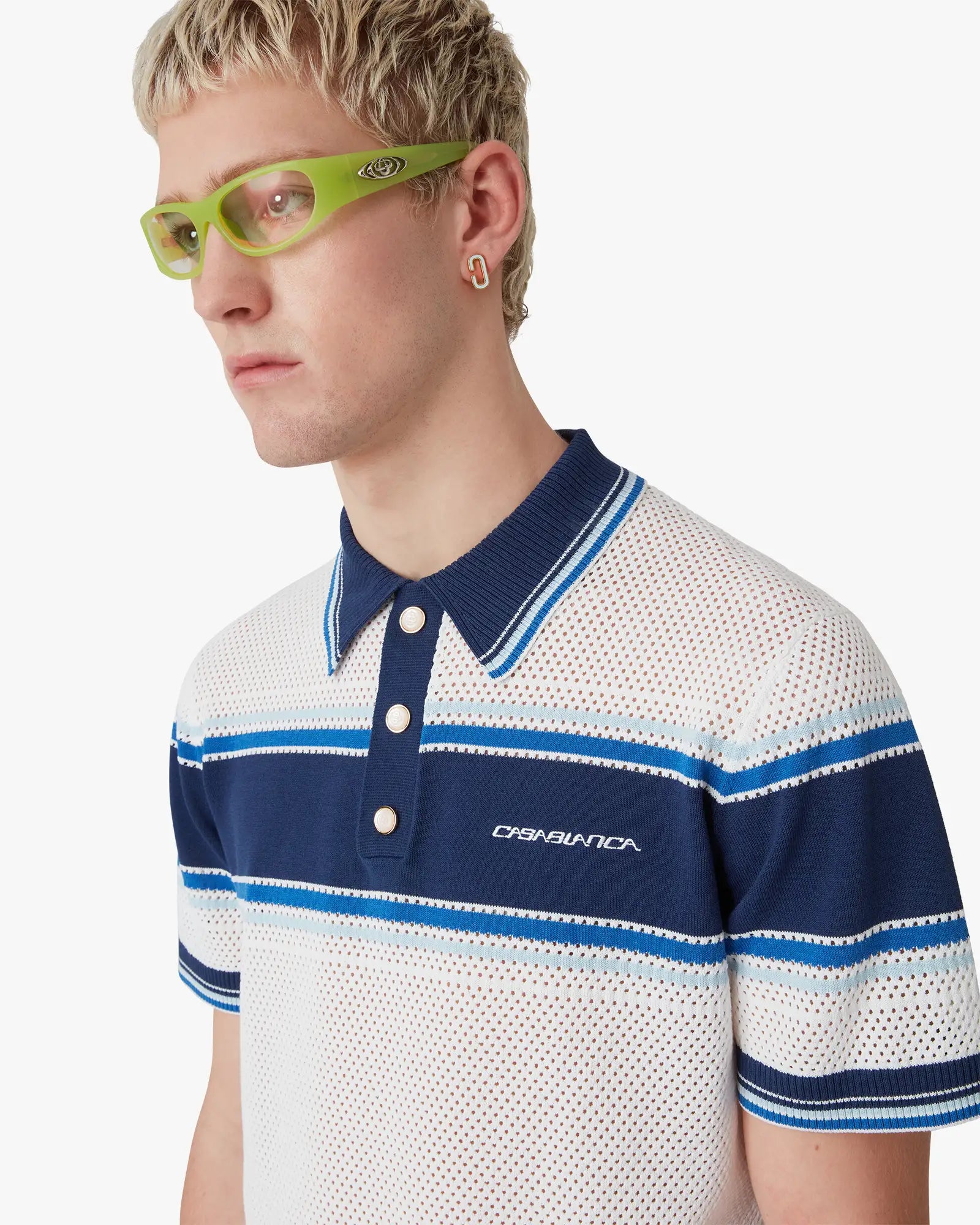 White & Blue Striped Mesh Short Sleeve Polo Shirt