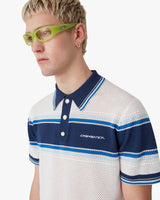 White & Blue Striped Mesh Short Sleeve Polo Shirt