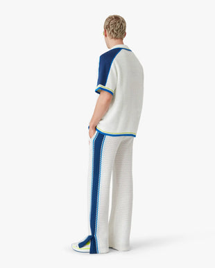 White & Blue Striped Mesh Track Pants