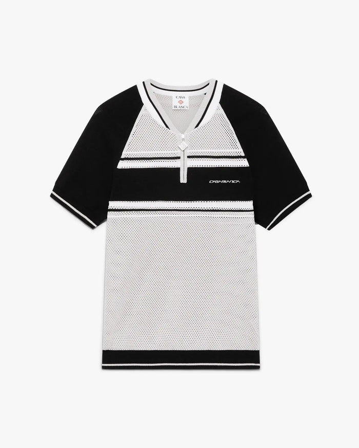 Metallic Mesh Stripe Zip Short Sleeve Polo Shirt
