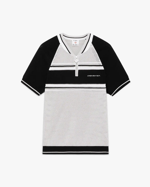 Metallic Mesh Stripe Zip Short Sleeve Polo Shirt | Casablanca Paris