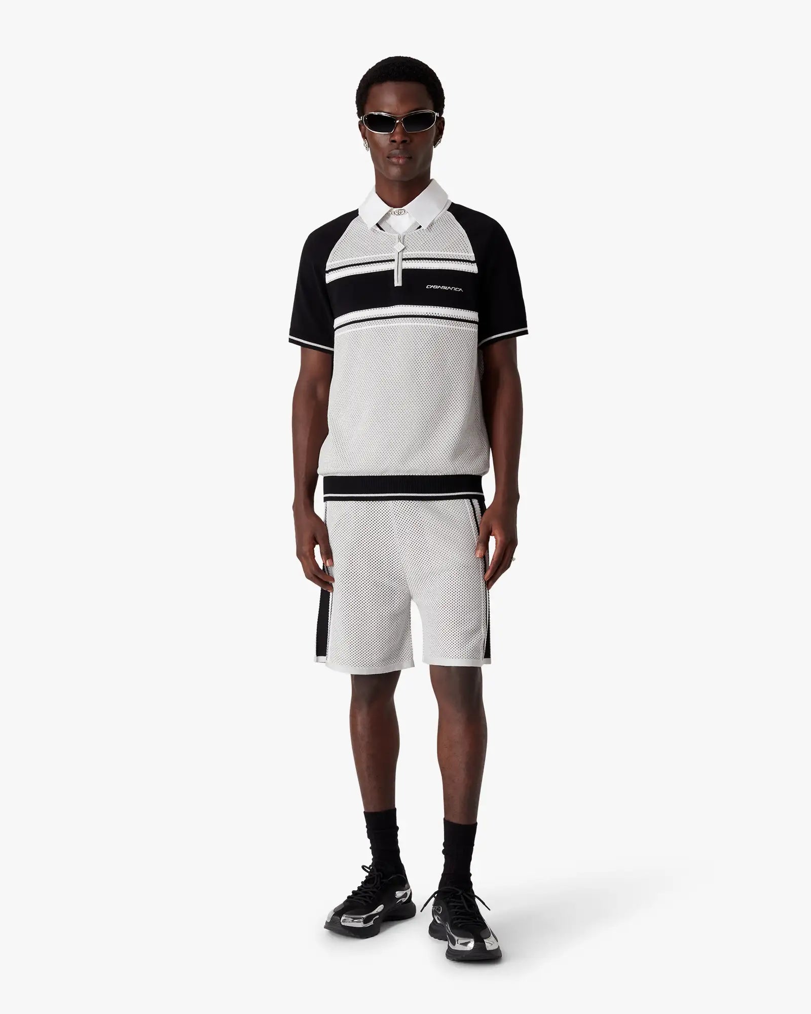 Metallic Mesh Stripe Zip Short Sleeve Polo Shirt