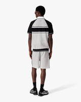 Metallic Mesh Stripe Zip Short Sleeve Polo Shirt