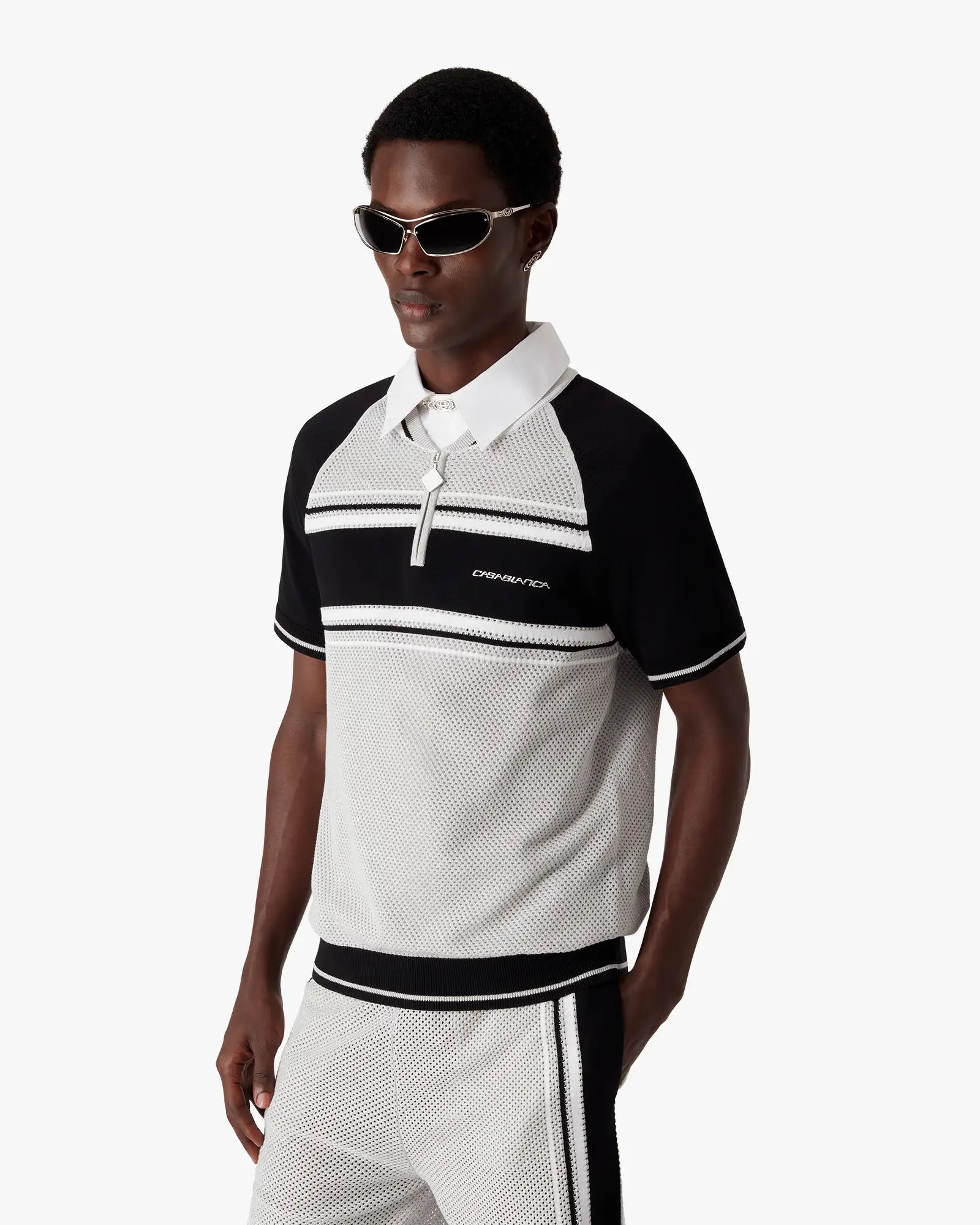 Metallic Mesh Stripe Zip Short Sleeve Polo Shirt