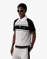 Metallic Mesh Stripe Zip Short Sleeve Polo Shirt