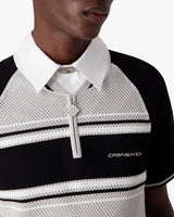 Metallic Mesh Stripe Zip Short Sleeve Polo Shirt