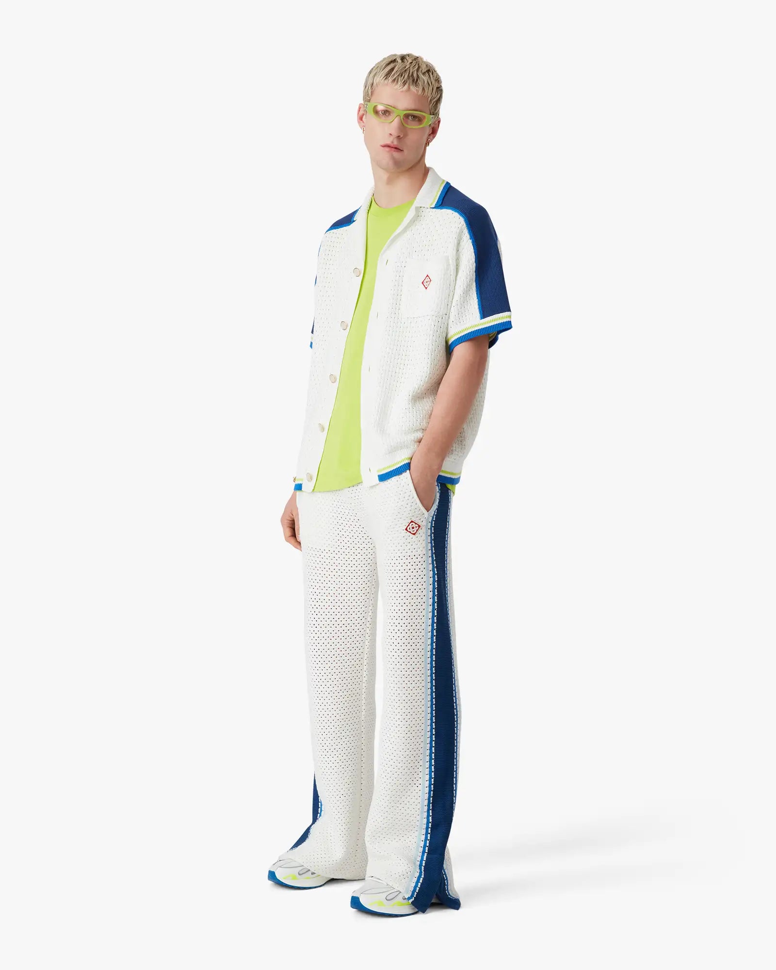 White & Blue Short Sleeve Crochet Shirt