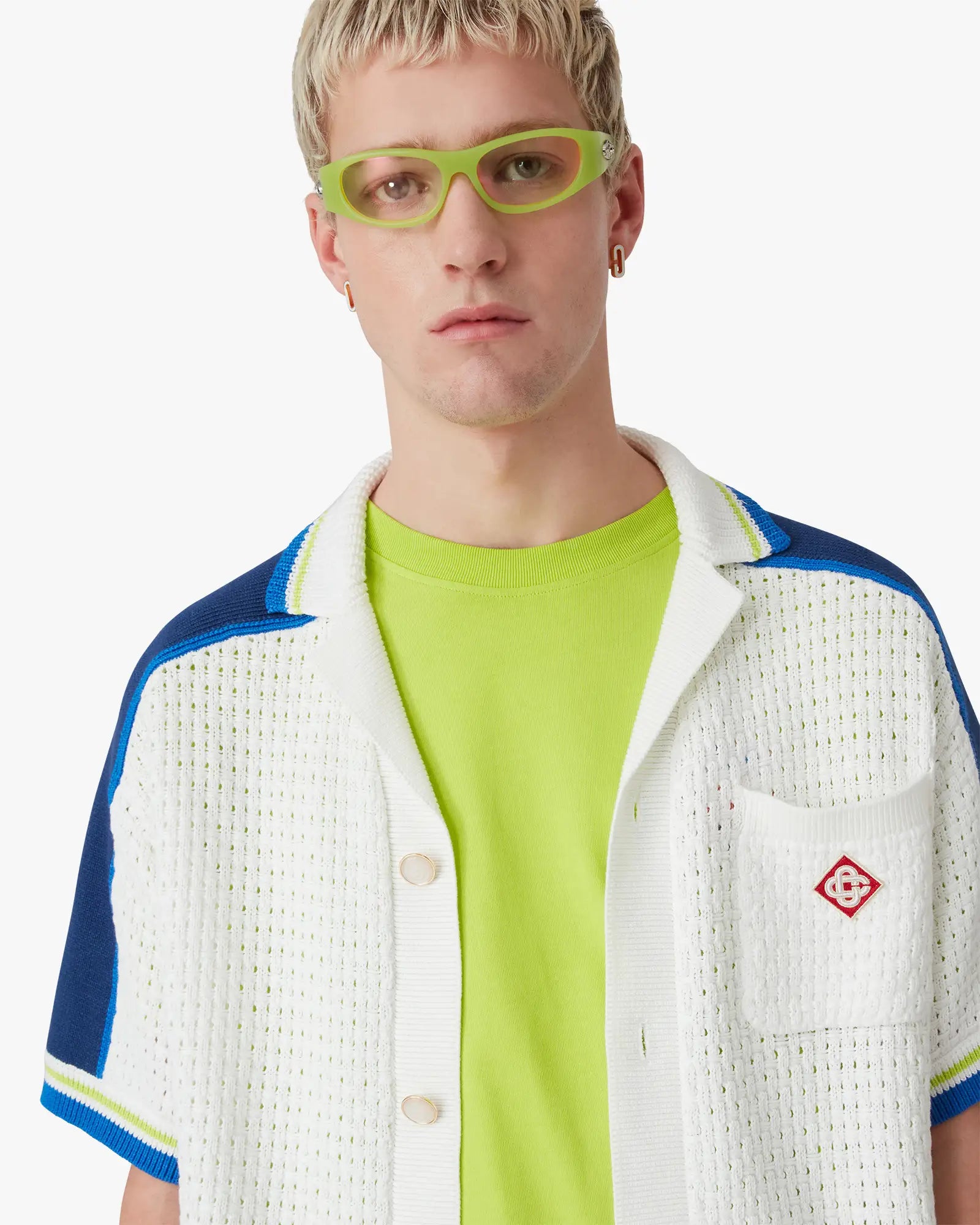 White & Blue Short Sleeve Crochet Shirt