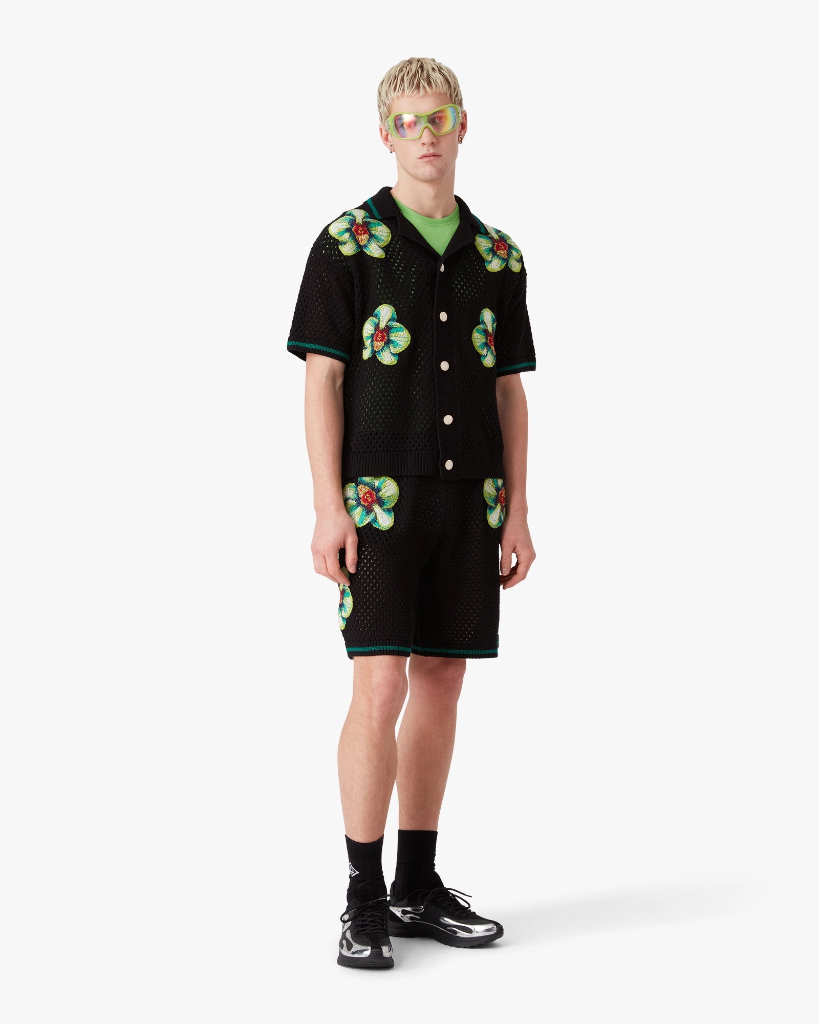 Glitch Orchid Embroidered Short Sleeve Crochet Shirt