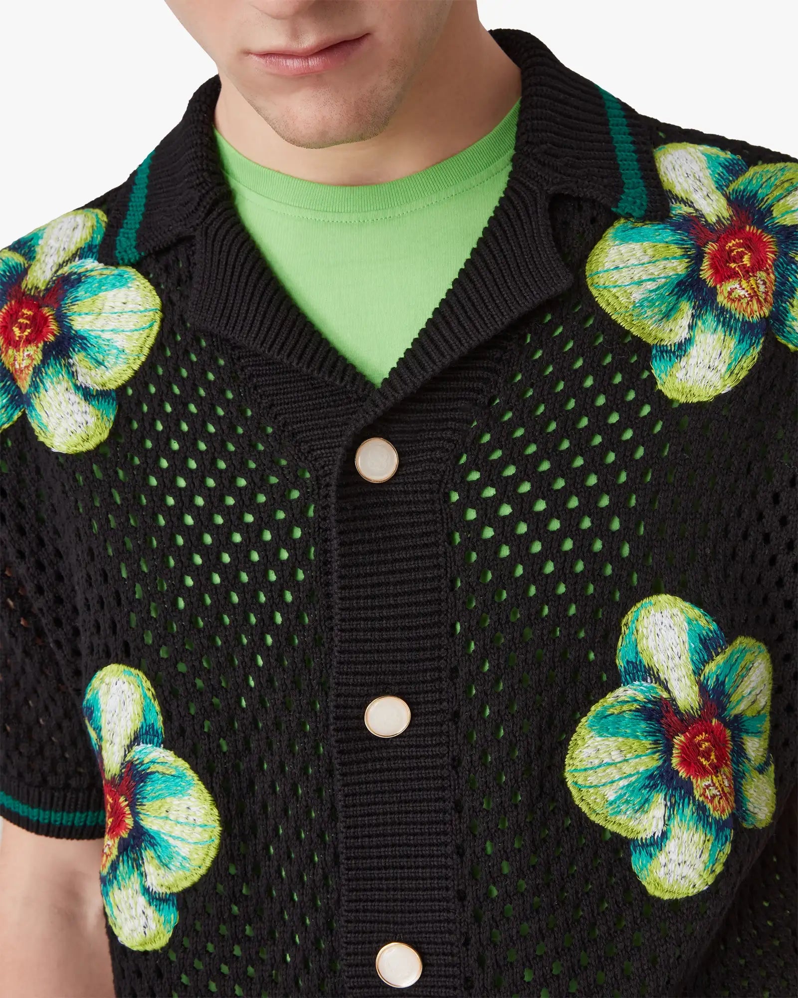 Glitch Orchid Embroidered Short Sleeve Crochet Shirt