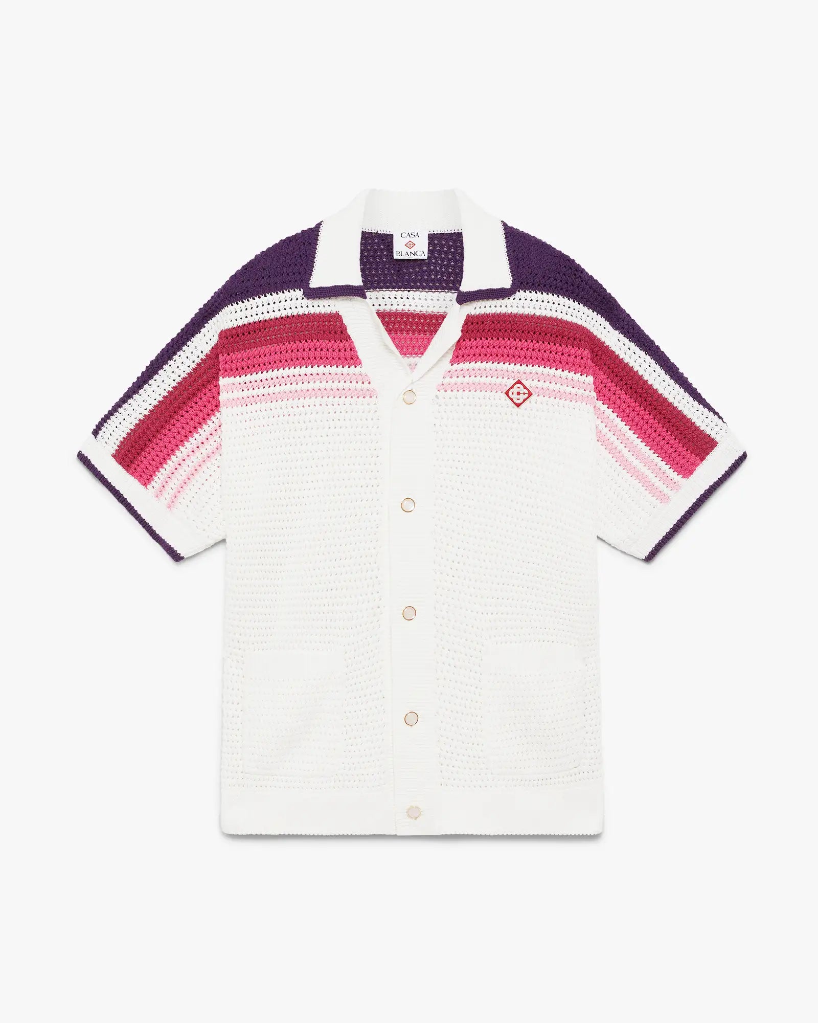 White & Pink Stripe Short Sleeve Crochet Shirt