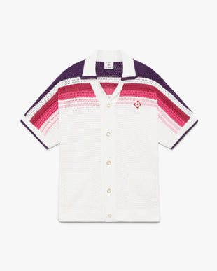 White & Pink Stripe Short Sleeve Crochet Shirt