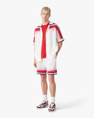 White & Pink Stripe Short Sleeve Crochet Shirt