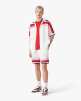 White & Pink Stripe Short Sleeve Crochet Shirt