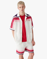 White & Pink Stripe Short Sleeve Crochet Shirt