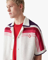 White & Pink Stripe Short Sleeve Crochet Shirt