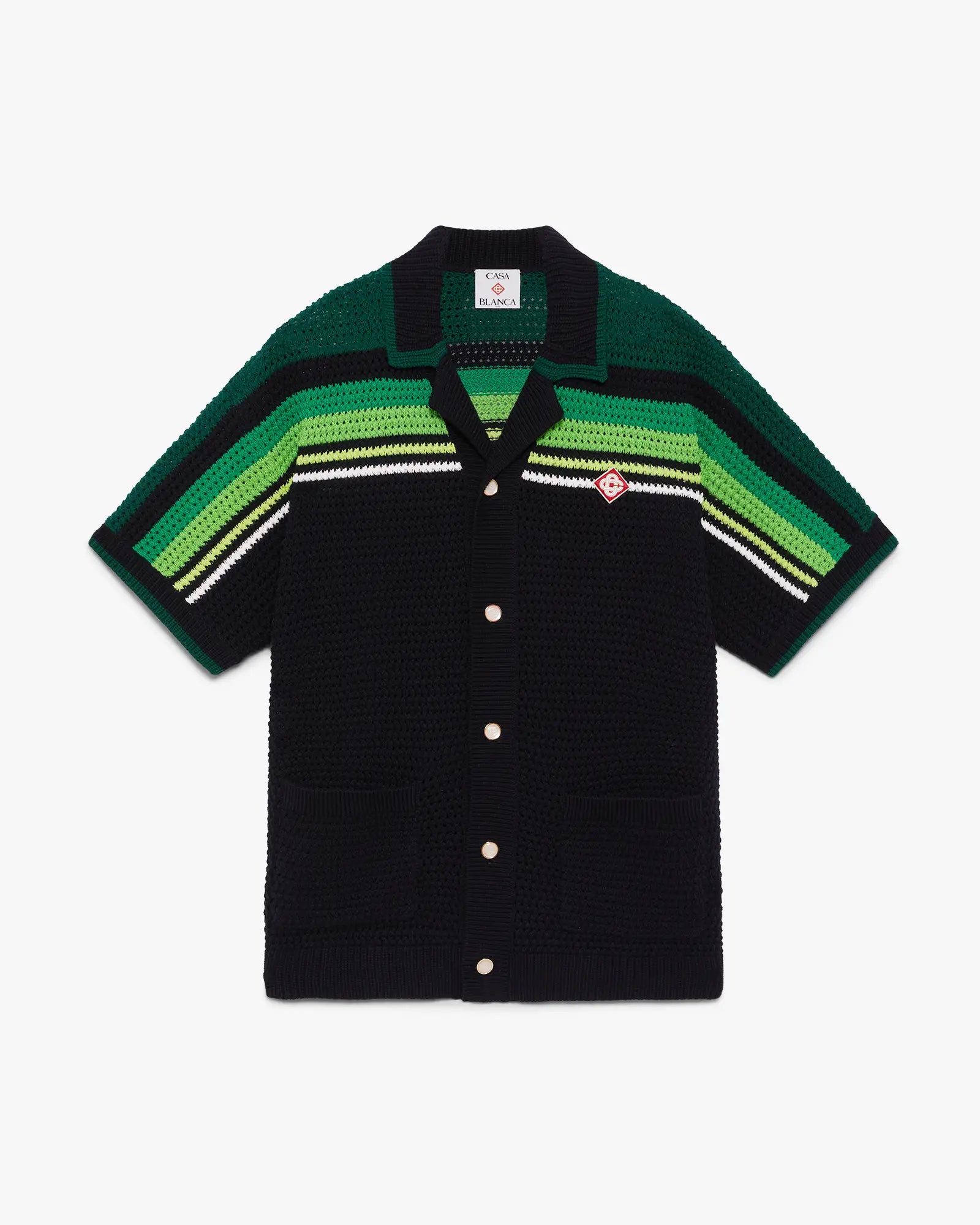 Black & Green Striped Short Sleeve Crochet Shirt
