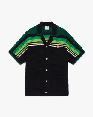 Black & Green Striped Short Sleeve Crochet Shirt