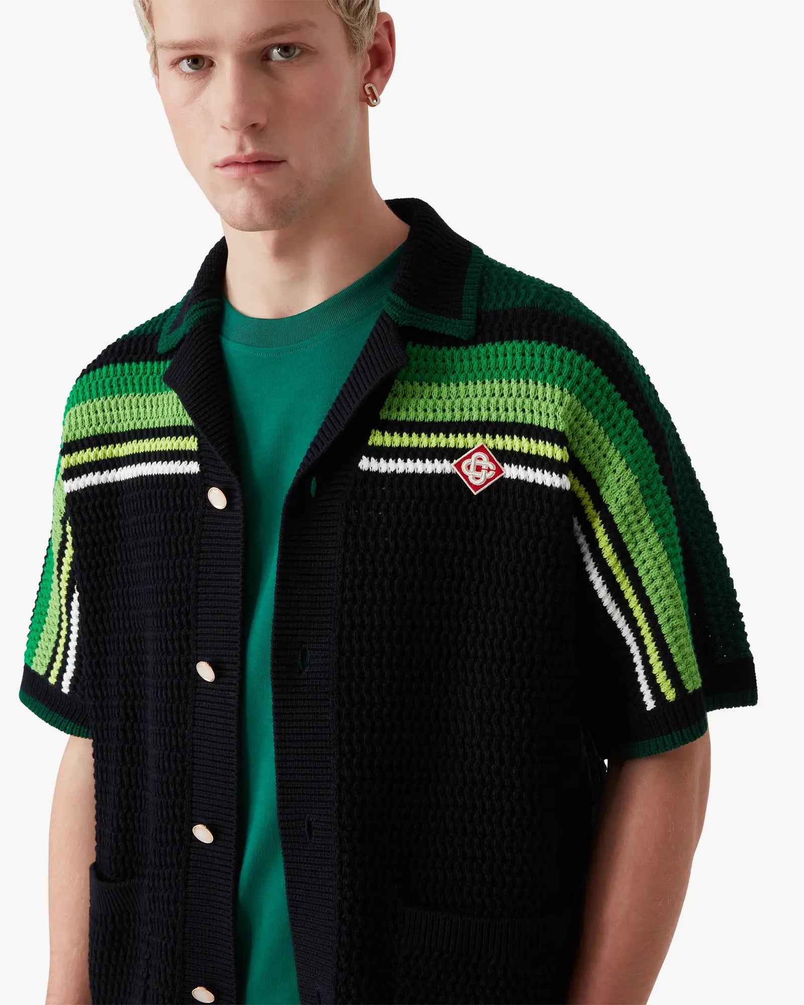 Black & Green Striped Short Sleeve Crochet Shirt