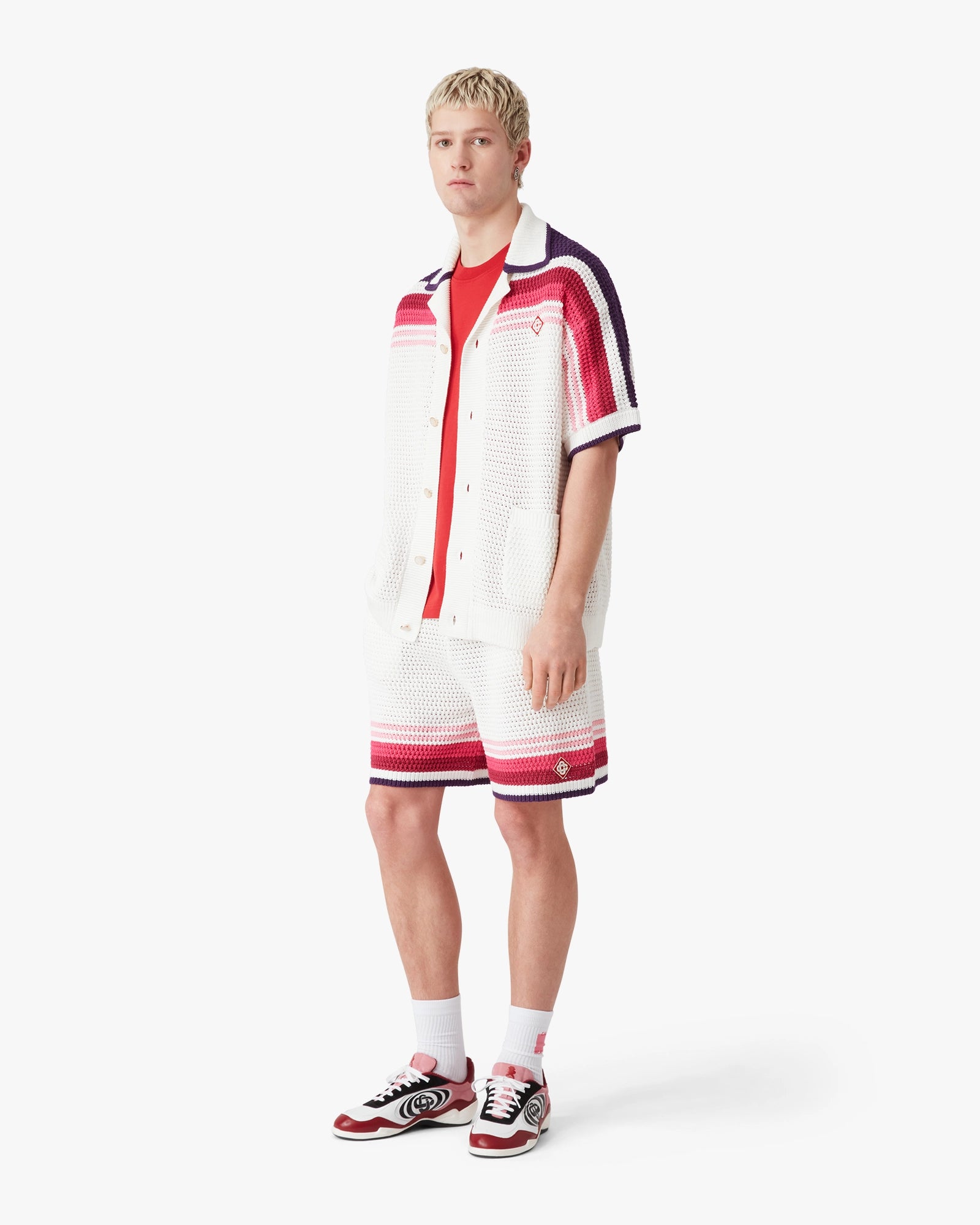 White & Pink Striped Crochet Shorts