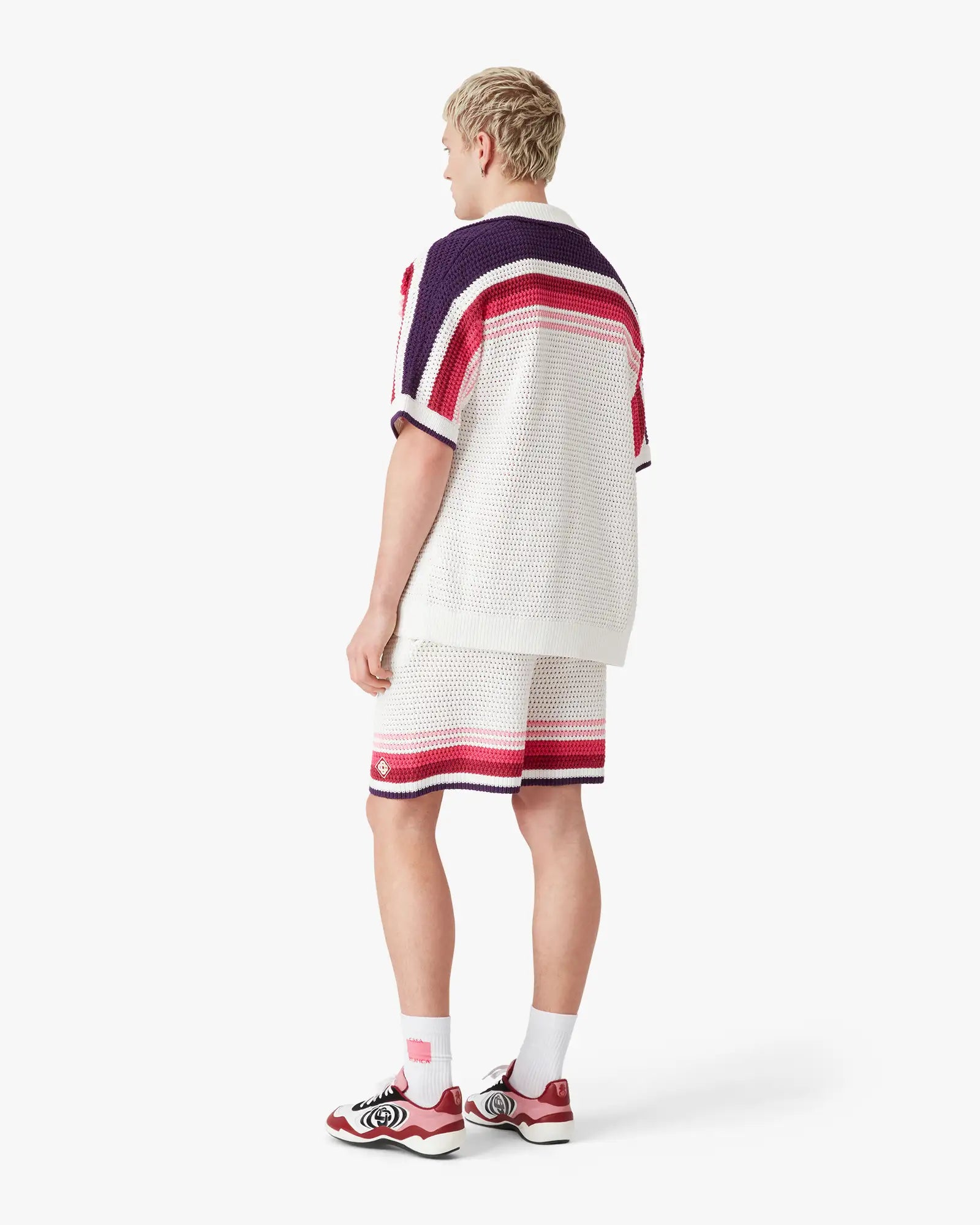 White & Pink Striped Crochet Shorts